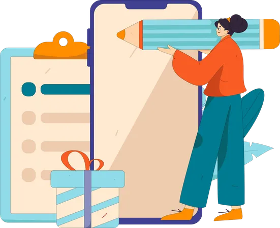 Mujer firma formulario de encuesta de empresa  Ilustración