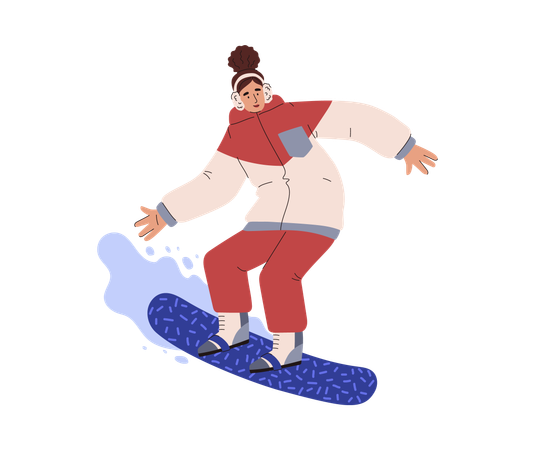 Snowboarder femenina bajando la montaña  Ilustración