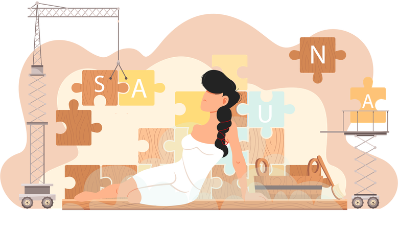 Mujer sobre fondo de piezas de rompecabezas con inscripción sauna  Ilustración