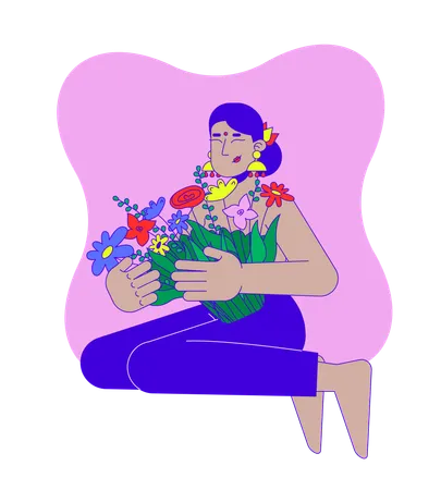 Mujer con bindi hindú sobreviviente de cáncer de mama abrazando flores  Ilustración