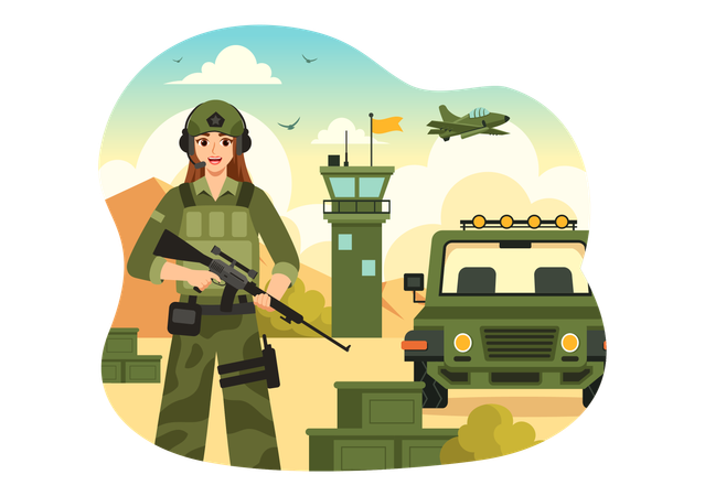 Mujer soldado protegiendo de los enemigos  Ilustración