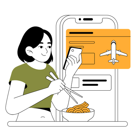 Mujer ordenando boleto de avión en línea  Ilustración