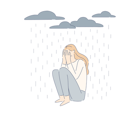 Mujer solitaria bajo nubes de lluvia  Ilustración