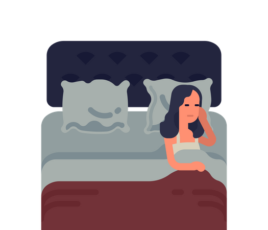 Una mujer solitaria duerme en un lado de la cama doble mientras el lado opuesto está vacío  Ilustración