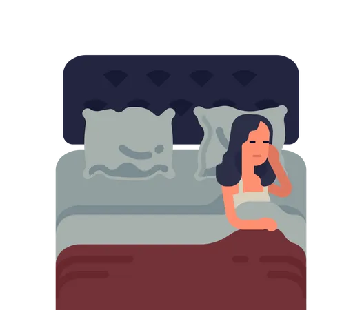 Una mujer solitaria duerme en un lado de la cama doble mientras el lado opuesto está vacío  Ilustración