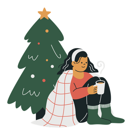 Mujer solitaria durante la Navidad  Ilustración