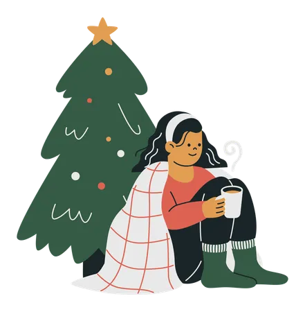 Mujer solitaria durante la Navidad  Ilustración