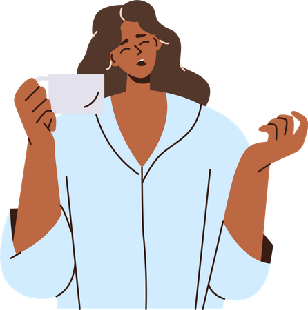 Mujer soñolienta en pijama bostezando mientras bebe café  Ilustración