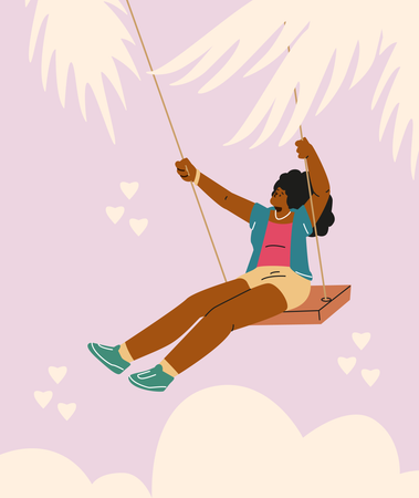 Mujer soñadora se balancea en un columpio sobre un fondo de nubes, corazones y hojas tropicales.  Ilustración