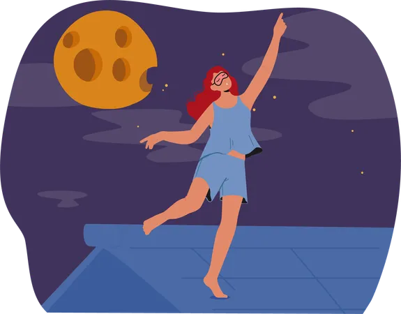 Mujer camina dormida en la azotea bajo el resplandor de la luna llena  Ilustración