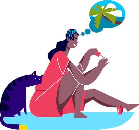 Mujer soñando con vacaciones tropicales  Ilustración