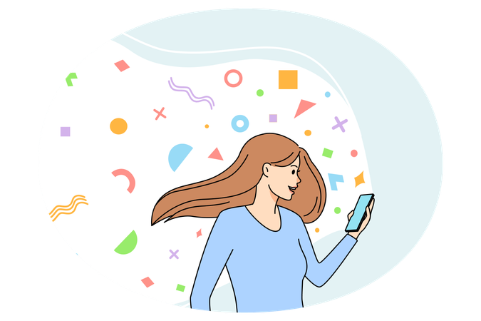 Mujer sonriente camina trabajando de forma remota en un teléfono inteligente  Ilustración