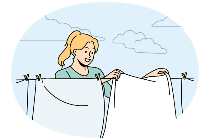 Mujer sonriente colgando ropa para secar  Ilustración