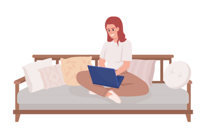 Mujer sonriente con portátil sentado en el sofá con las piernas cruzadas  Ilustración