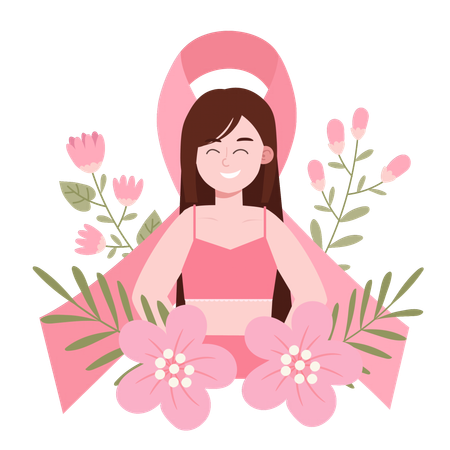 Mujer sonriente con un lazo rosa de gran tamaño en apoyo a la concienciación sobre el cáncer de mama  Ilustración