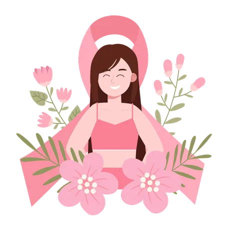 Mujer sonriente con un lazo rosa de gran tamaño en apoyo a la concienciación sobre el cáncer de mama  Ilustración