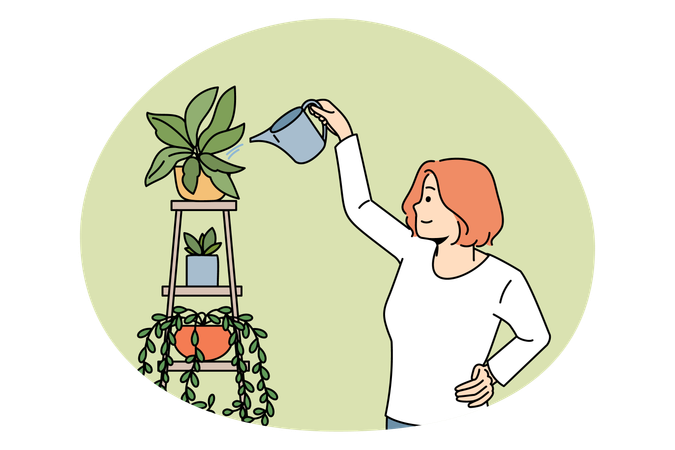 Mujer sonriente de pie y regando plantas de interior verdes en crecimiento con lata cuidando  Ilustración