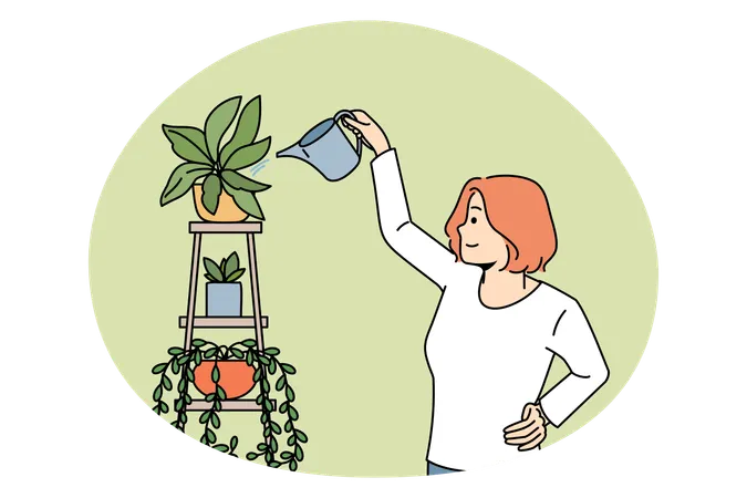 Mujer sonriente de pie y regando plantas de interior verdes en crecimiento con lata cuidando  Ilustración