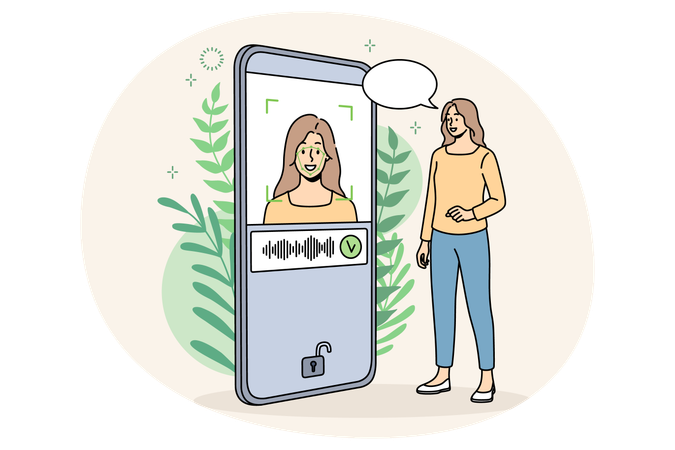 Mujer sonriente desbloqueando teléfono móvil con Face ID  Ilustración