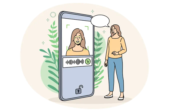 Mujer sonriente desbloqueando teléfono móvil con Face ID  Ilustración