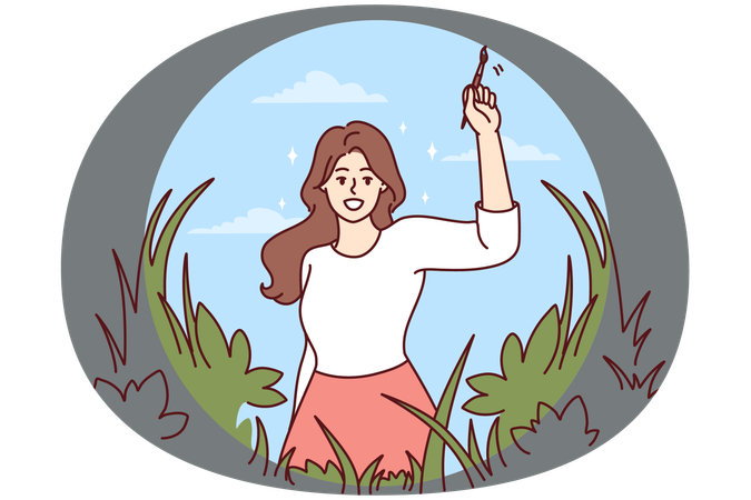 Mujer sonriente dibuja la naturaleza recuperándose de la depresión  Ilustración