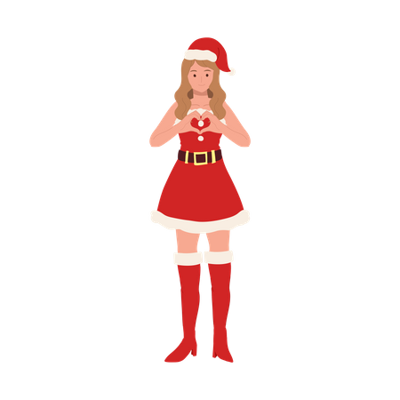 Mujer sonriente disfrazada de Papá Noel haciendo forma de corazón  Ilustración