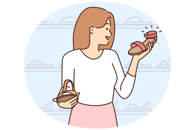 Mujer sonriente eligiendo zapatos en una boutique  Illustration