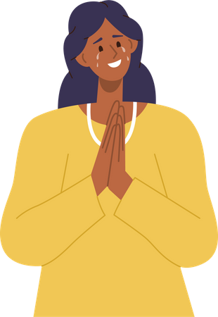 Mujer sonriente llorando de felicidad sintiendo agradecimiento tomándose de la mano en posición de oración  Ilustración