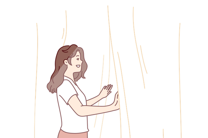 Mujer sonriente mira por la ventana abriendo cortinas y disfrutando de los rayos del sol de la mañana de verano  Ilustración