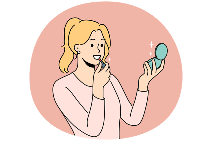 Mujer sonriente mirándose en el espejo maquillándose  Ilustración