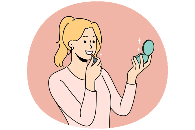 Mujer sonriente mirándose en el espejo maquillándose  Ilustración
