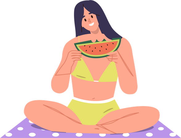 Mujer sonriente muy feliz comiendo sandía en la playa  Illustration