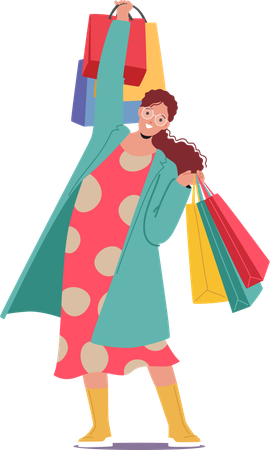 Mujer sonriente que lleva muchas bolsas de compras con compras de moda en las manos  Ilustración