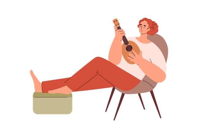 Mujer sonriente relajándose tocando el ukelele  Ilustración