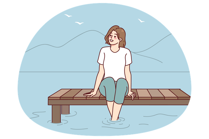Mujer sonriente sentada en el muelle cerca del agua  Ilustración