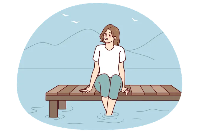 Mujer sonriente sentada en el muelle cerca del agua  Ilustración