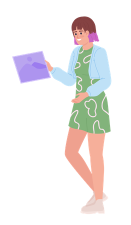 Mujer sonriente sosteniendo imagen impresa  Ilustración