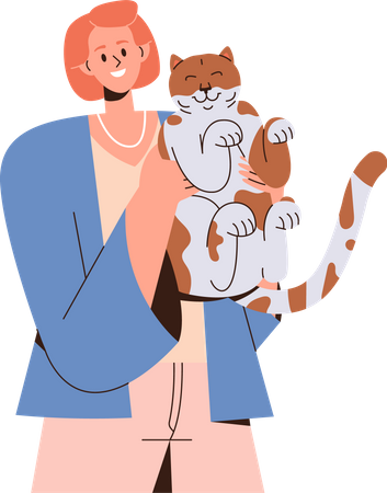 Mujer sonriente sosteniendo un lindo gato en brazos  Ilustración