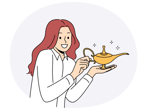 Mujer sonriente sosteniendo una lámpara dorada de Aladino  Ilustración