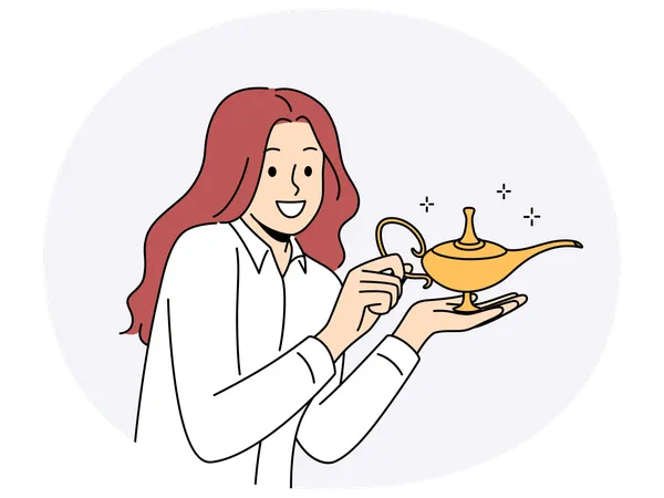 Mujer sonriente sosteniendo una lámpara dorada de Aladino  Ilustración