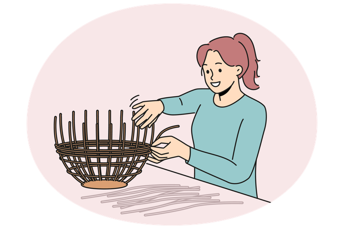 Mujer sonriente tejiendo una cesta de mimbre  Ilustración