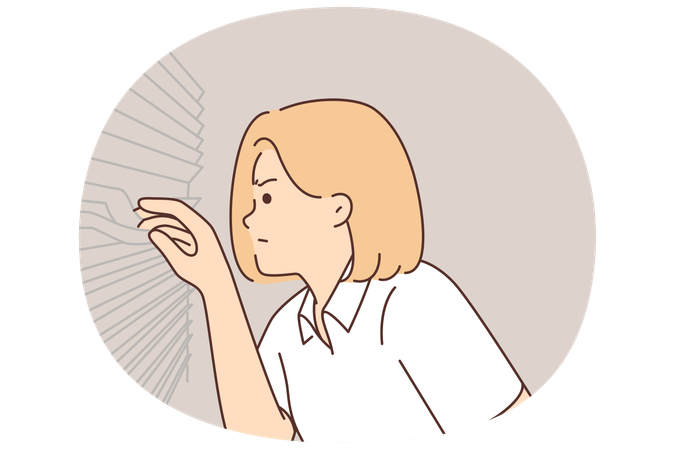 Mujer sospechosa mira a través de las persianas de la ventana  Ilustración