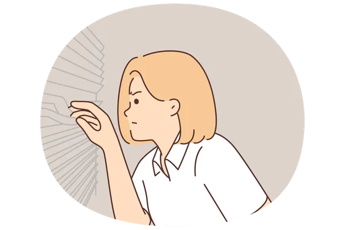 Mujer sospechosa mira a través de las persianas de la ventana  Ilustración