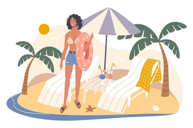Mujer sosteniendo un anillo de goma en la playa  Ilustración
