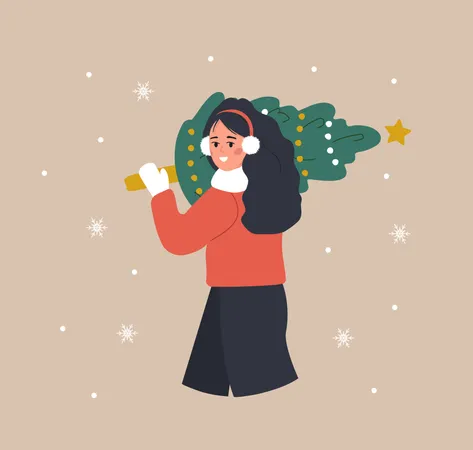 Mujer sosteniendo el árbol de Navidad  Ilustración