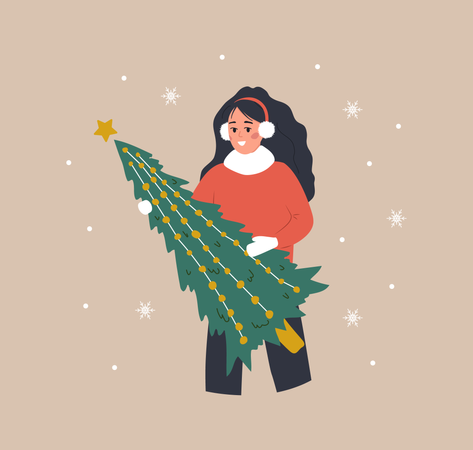 Mujer sosteniendo el árbol de Navidad  Ilustración