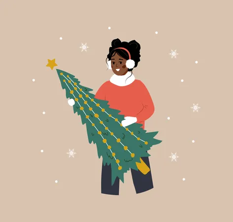 Mujer sosteniendo el árbol de Navidad  Ilustración