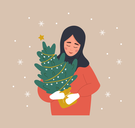 Mujer sosteniendo el árbol de Navidad en una olla.  Ilustración