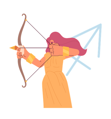 Mujer sosteniendo arco y tirando de flecha  Ilustración