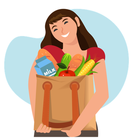 Mujer sosteniendo bolsa de supermercado  Ilustración